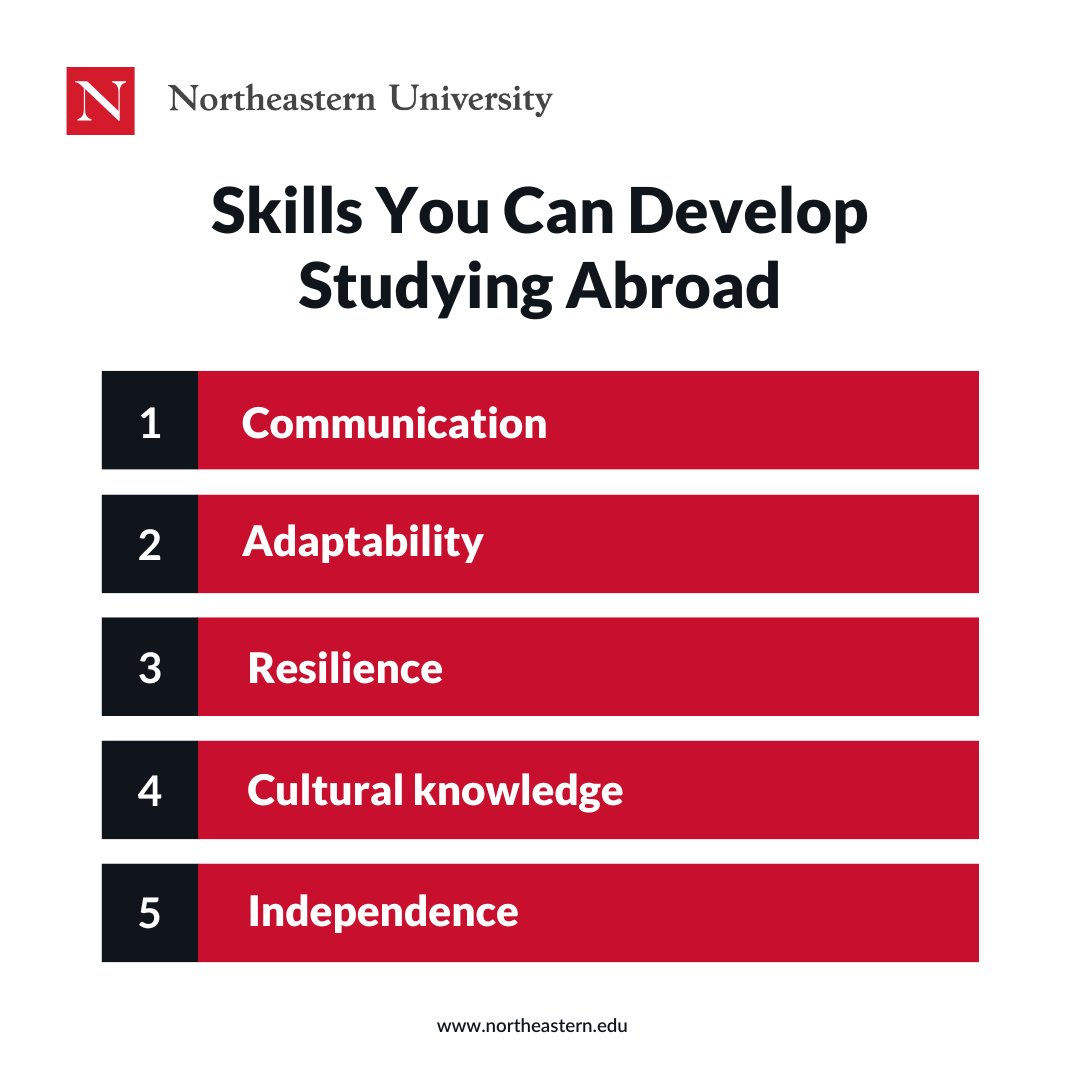 Skills you can develop studying abroad include communication, adaptability, resilience, cultural knowledge, and independence. 