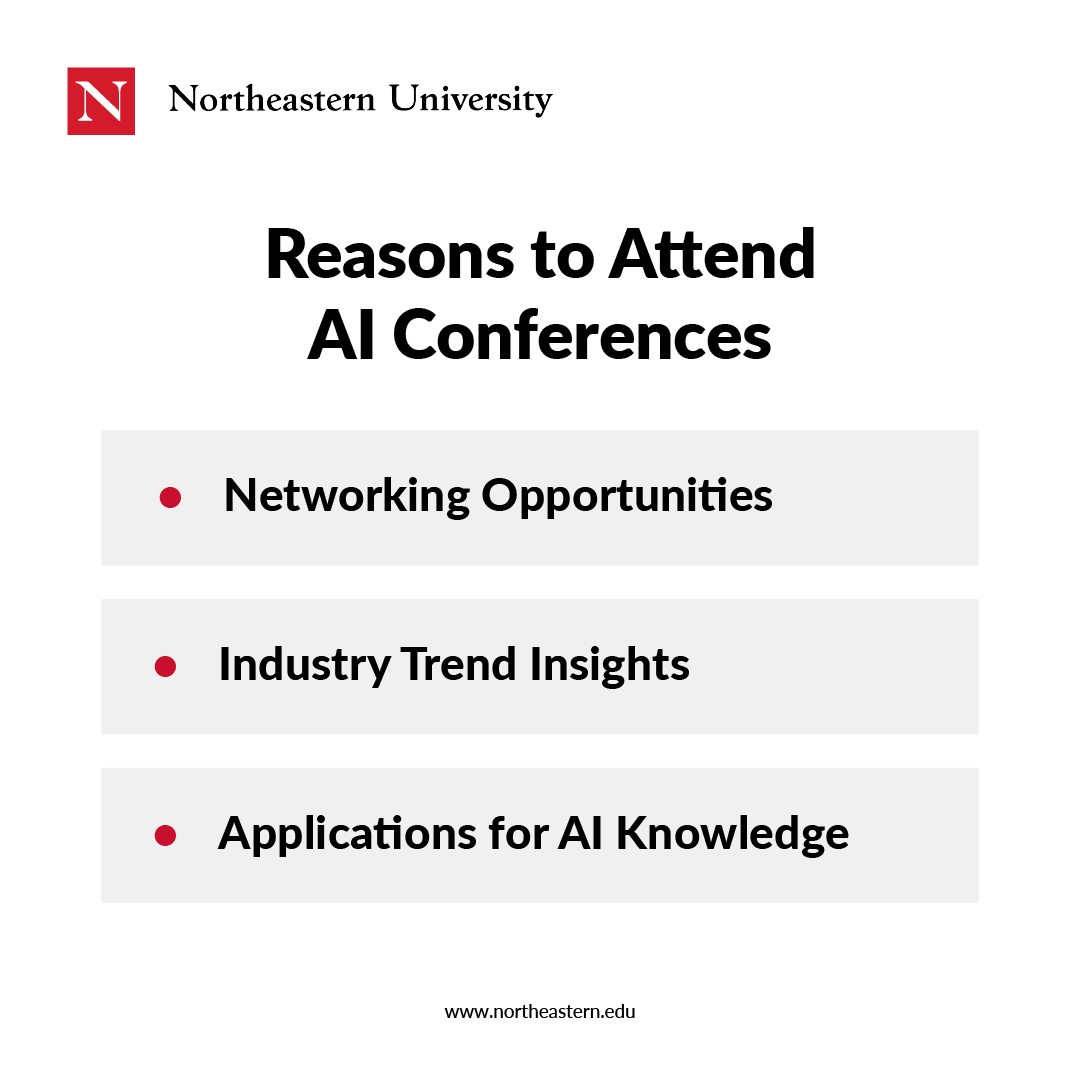Three reasons to attend AI conferences include: Networking opportunities, industry trend insights, and applications for AI knowledge.